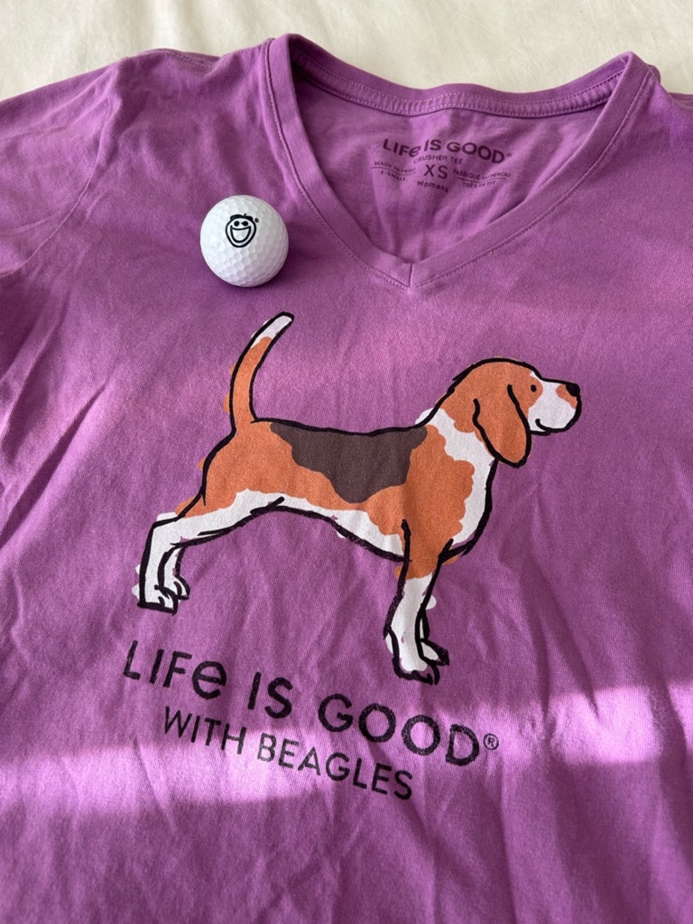 Life Is Good Purple V-Neck Tee with Beagle Graphic & Life is Good Golf Ball